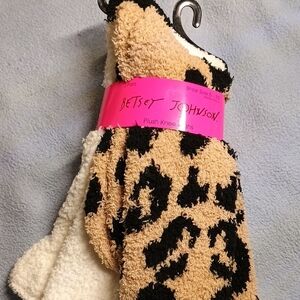 Betsey Johnson Tan and Black Leopard Plush Socks